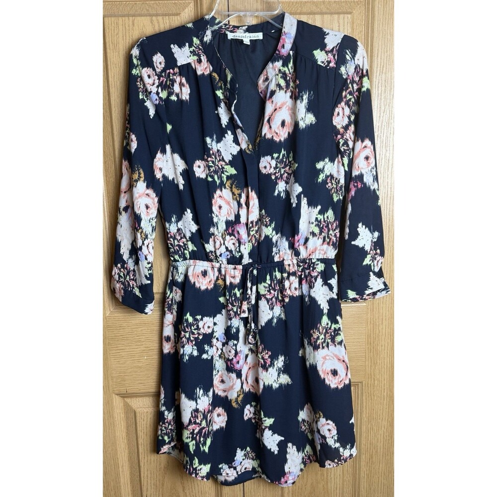 Daniel Rainn Floral Faux Wrap Dress Women's Small Navy Pink Boho 3/4 Sleeve